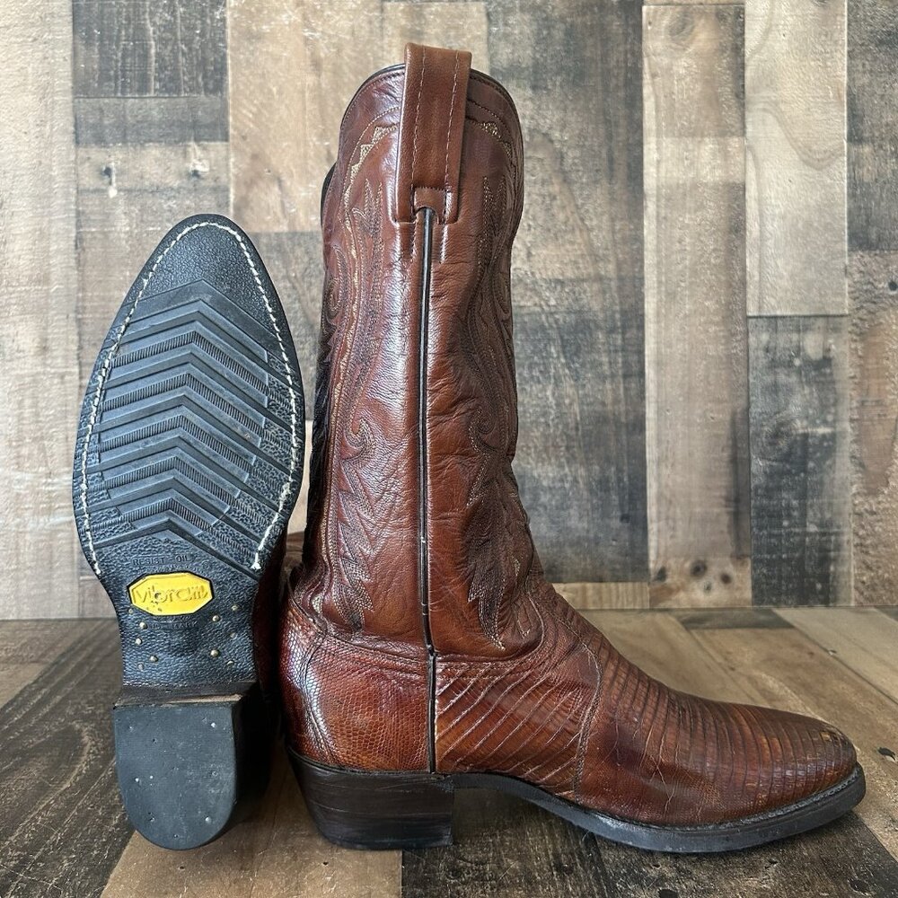 Dan Post Brown Teju Lizard Vibram Sole Moto Cowboy Boots Mens 9.5 D